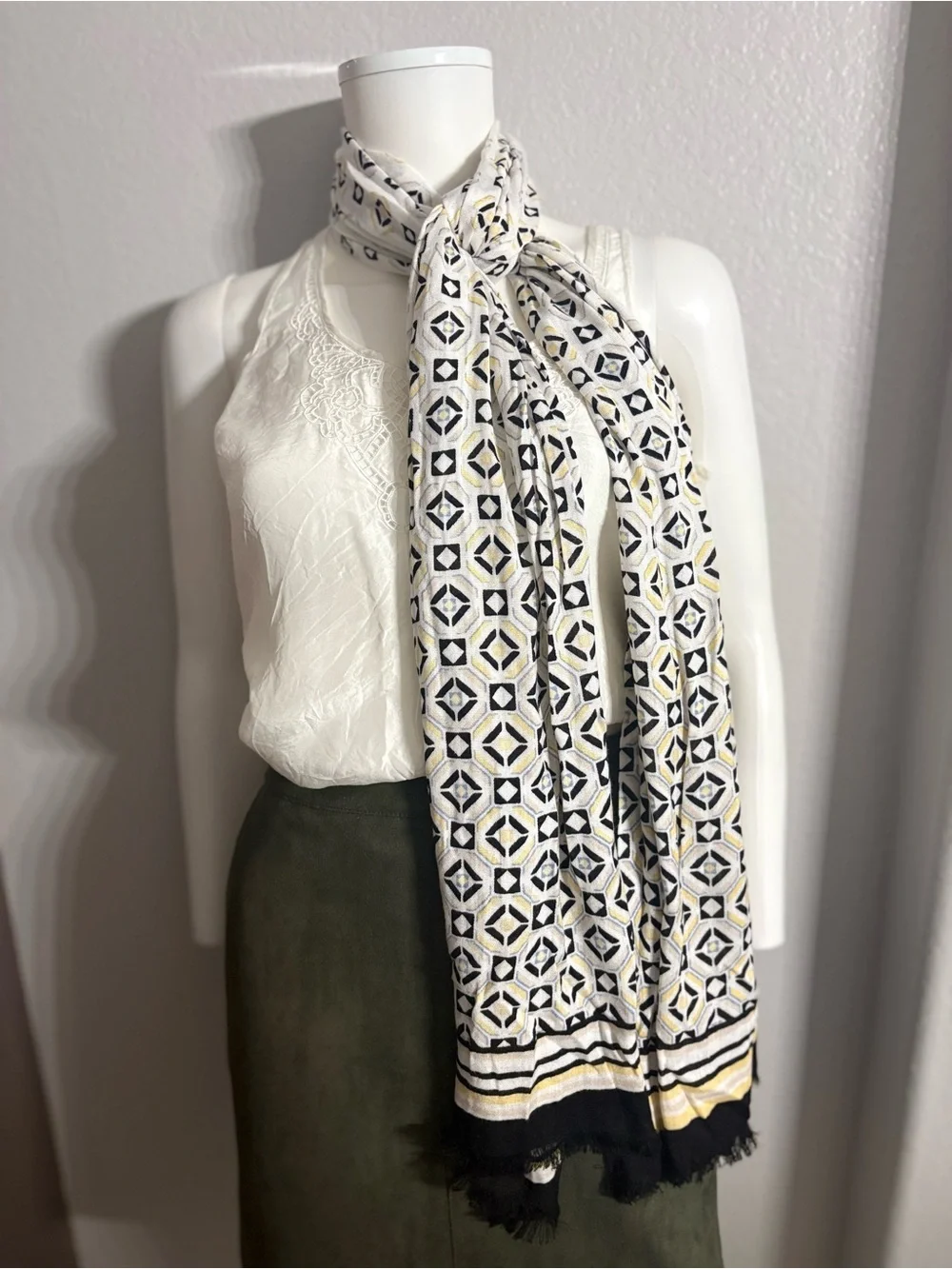 Geometric Print Long Scarf in White, Black & Gold Accent